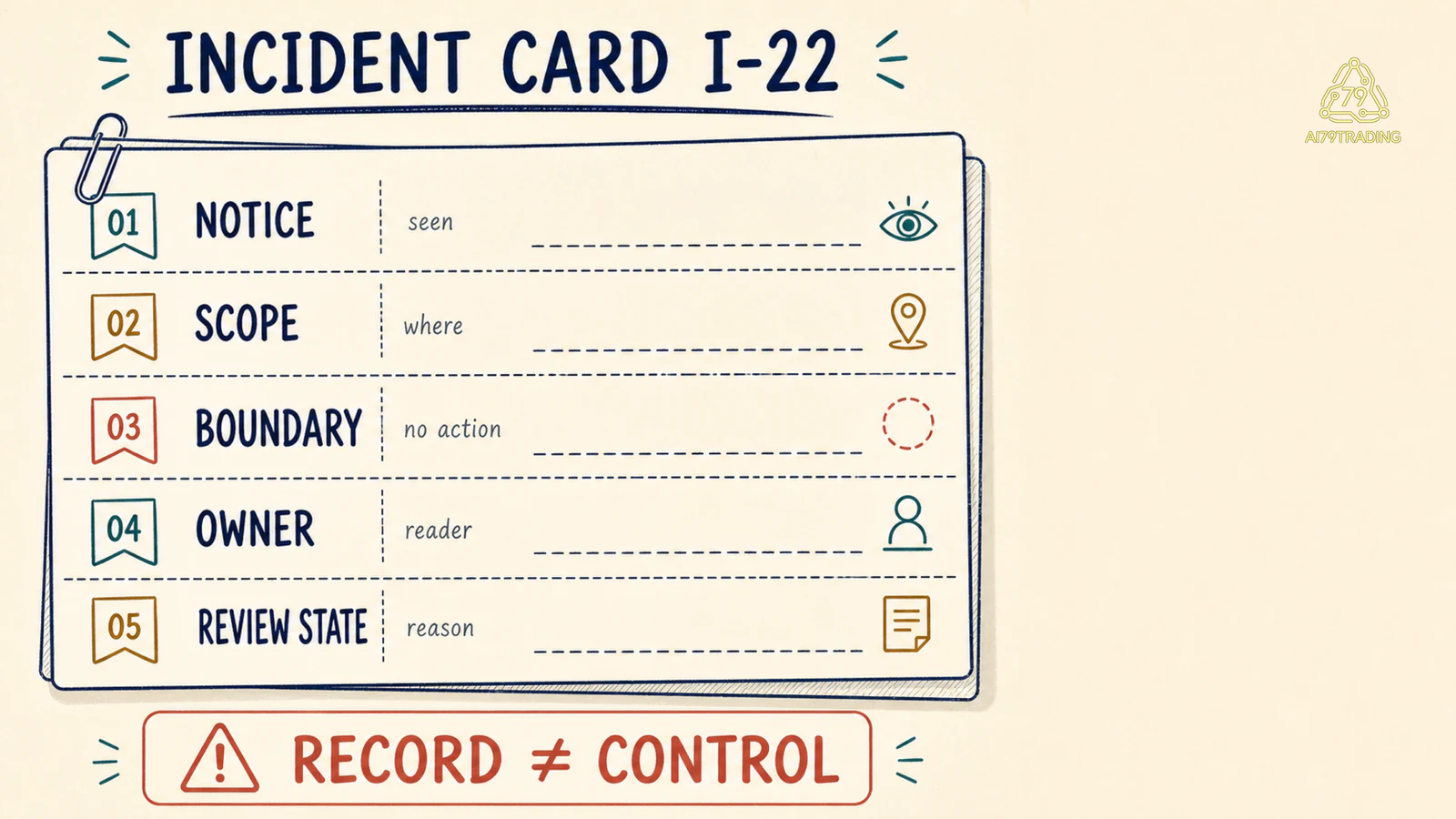 Incident Card I-22 có notice, scope, boundary, owner và review state