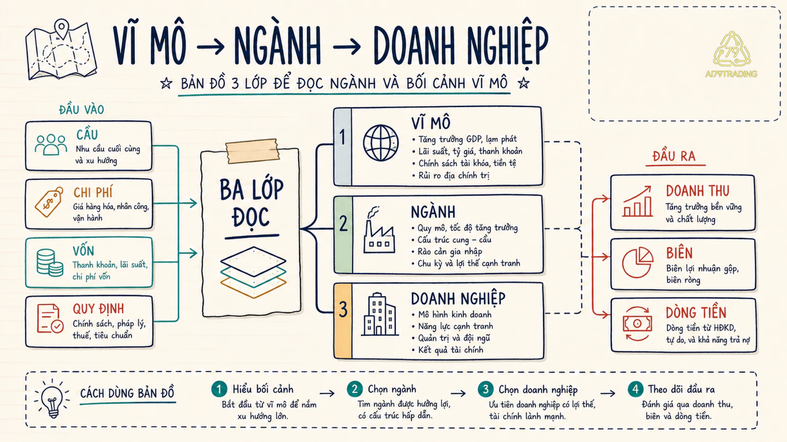 Bản đồ ba lớp từ vĩ mô qua ngành đến doanh nghiệp và các đầu ra báo cáo