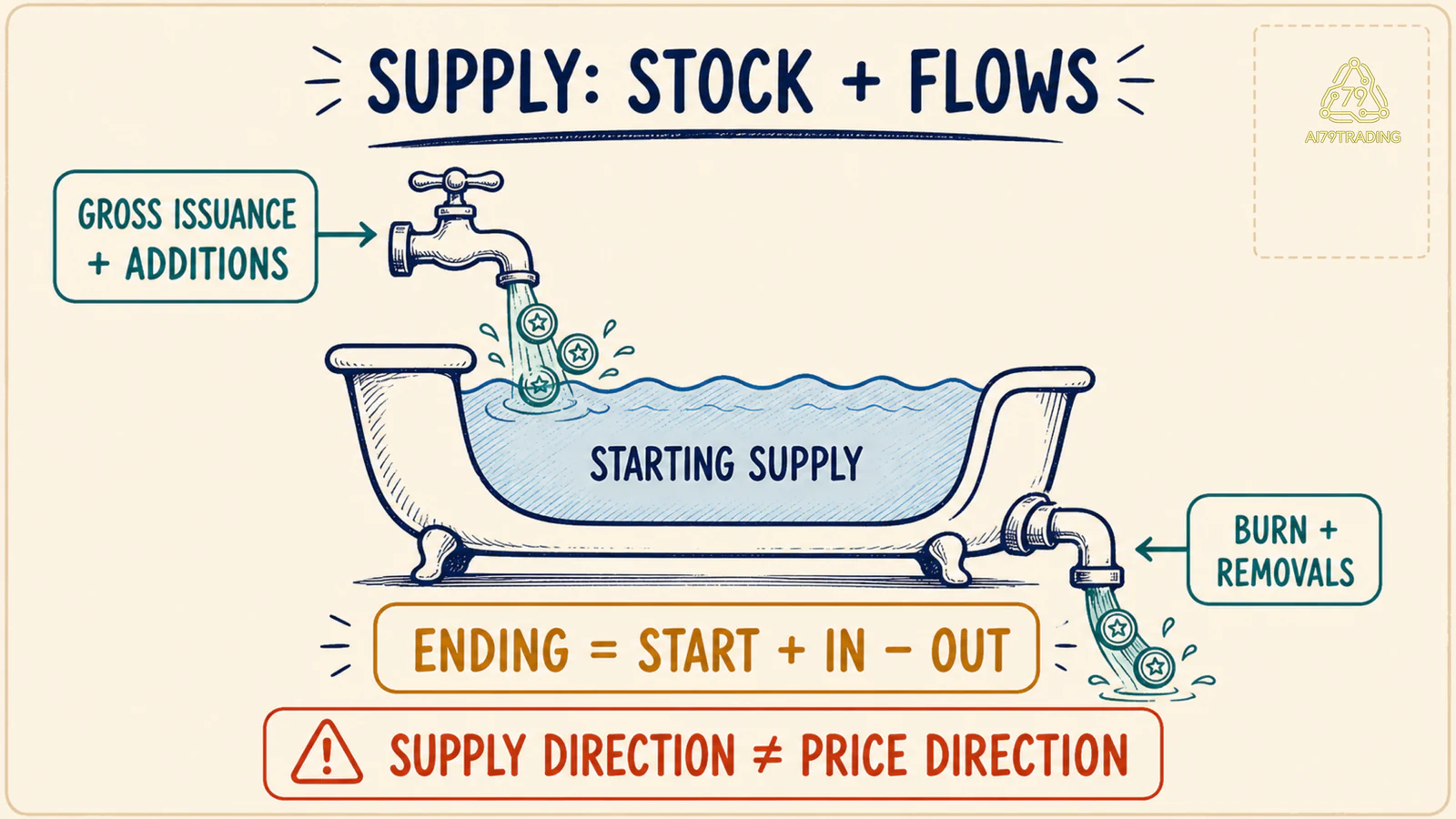 Sơ đồ bồn supply với gross issuance đi vào và burn đi ra để tính ending supply
