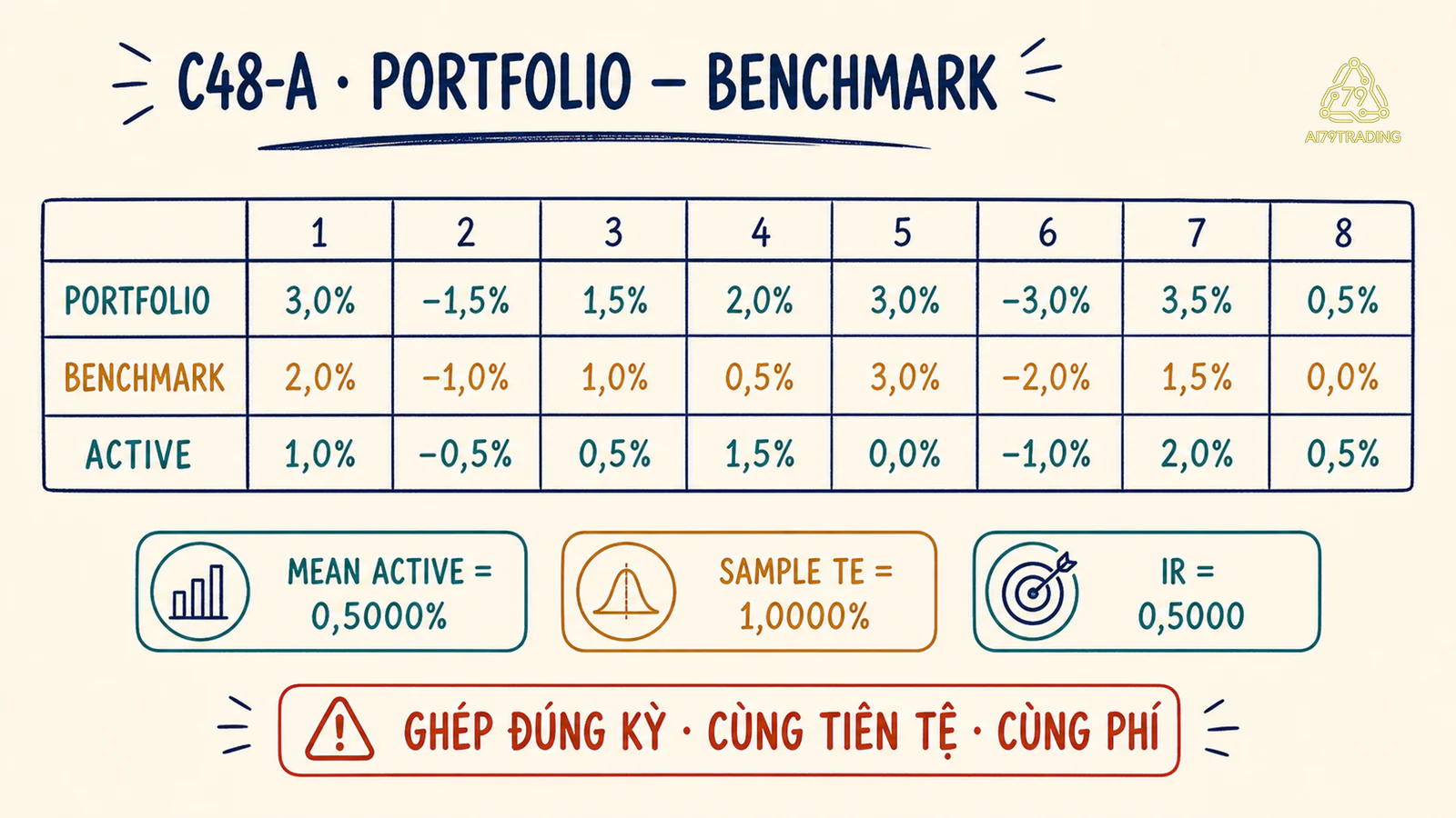 Tám cặp return C48-A tạo active return mean 0,5000 phần trăm và tracking error 1 phần trăm