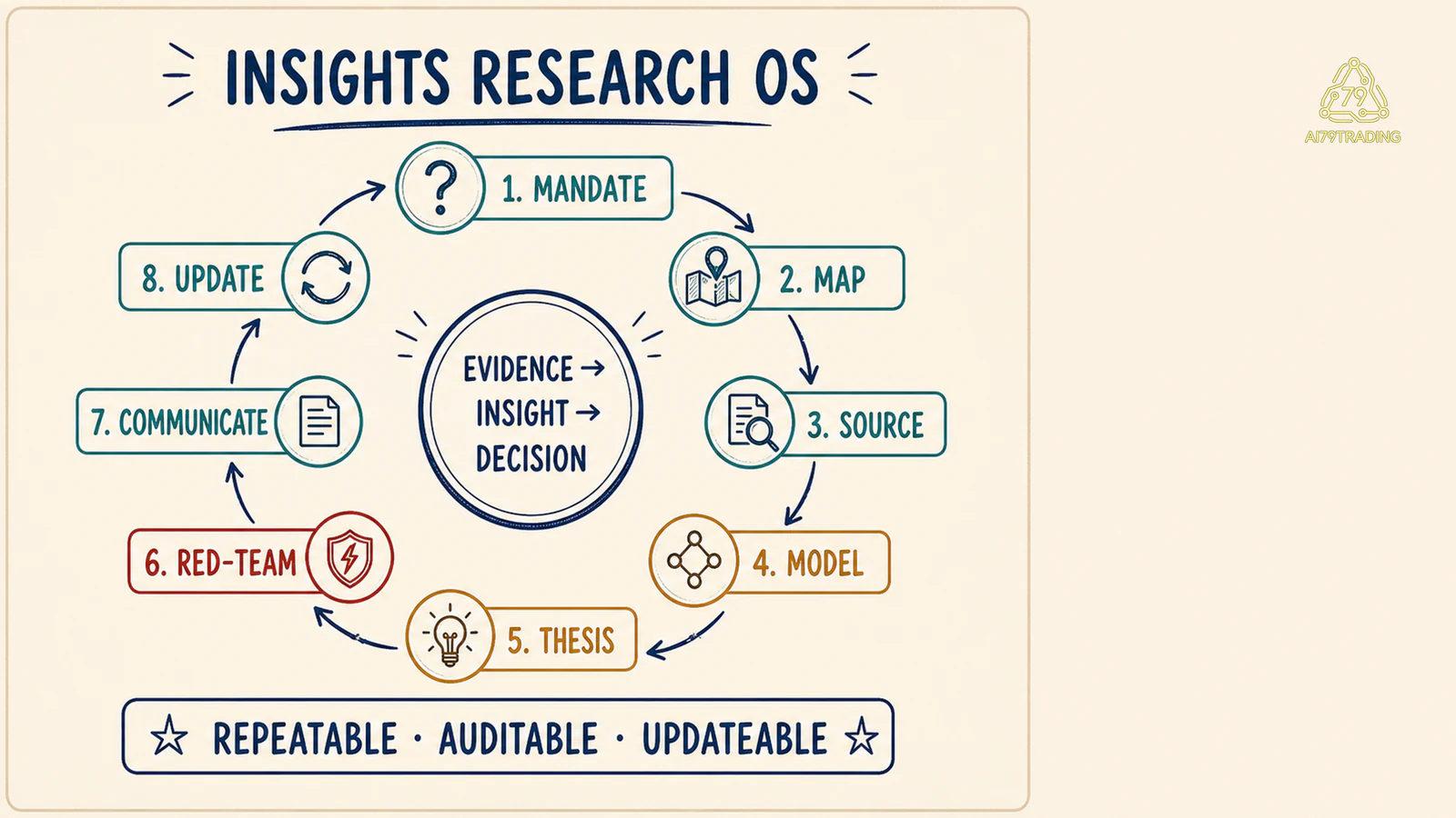 Insights Research OS tám bước xoay quanh evidence insight decision