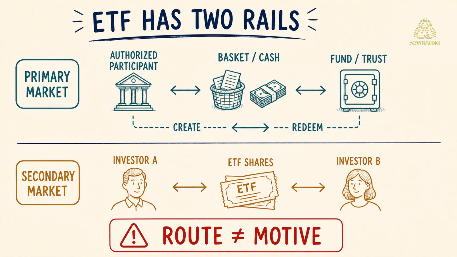 Sơ đồ hai đường ETF gồm creation redemption sơ cấp và giao dịch shares thứ cấp