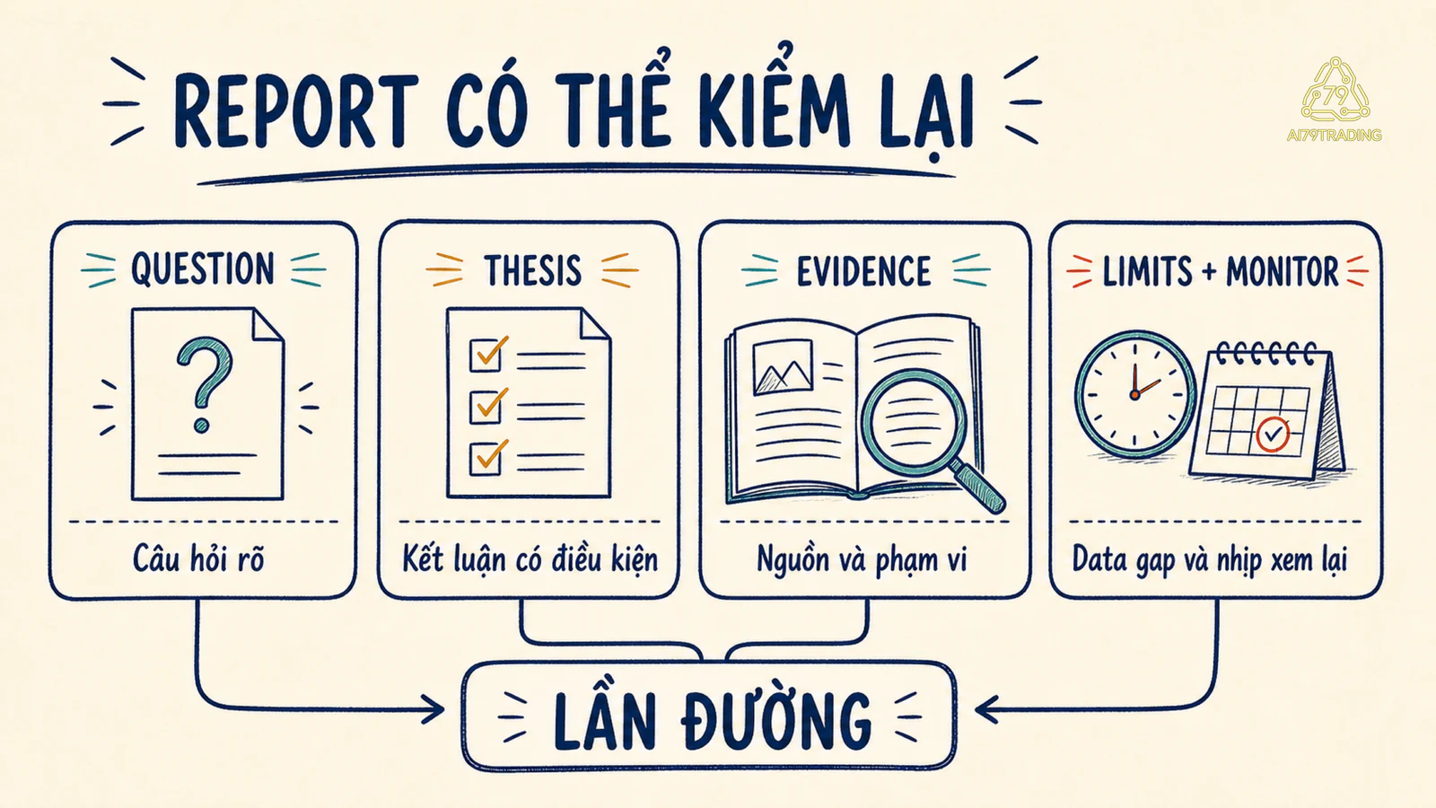 Sơ đồ bốn phần question, thesis, evidence, limits và monitoring của institutional research report