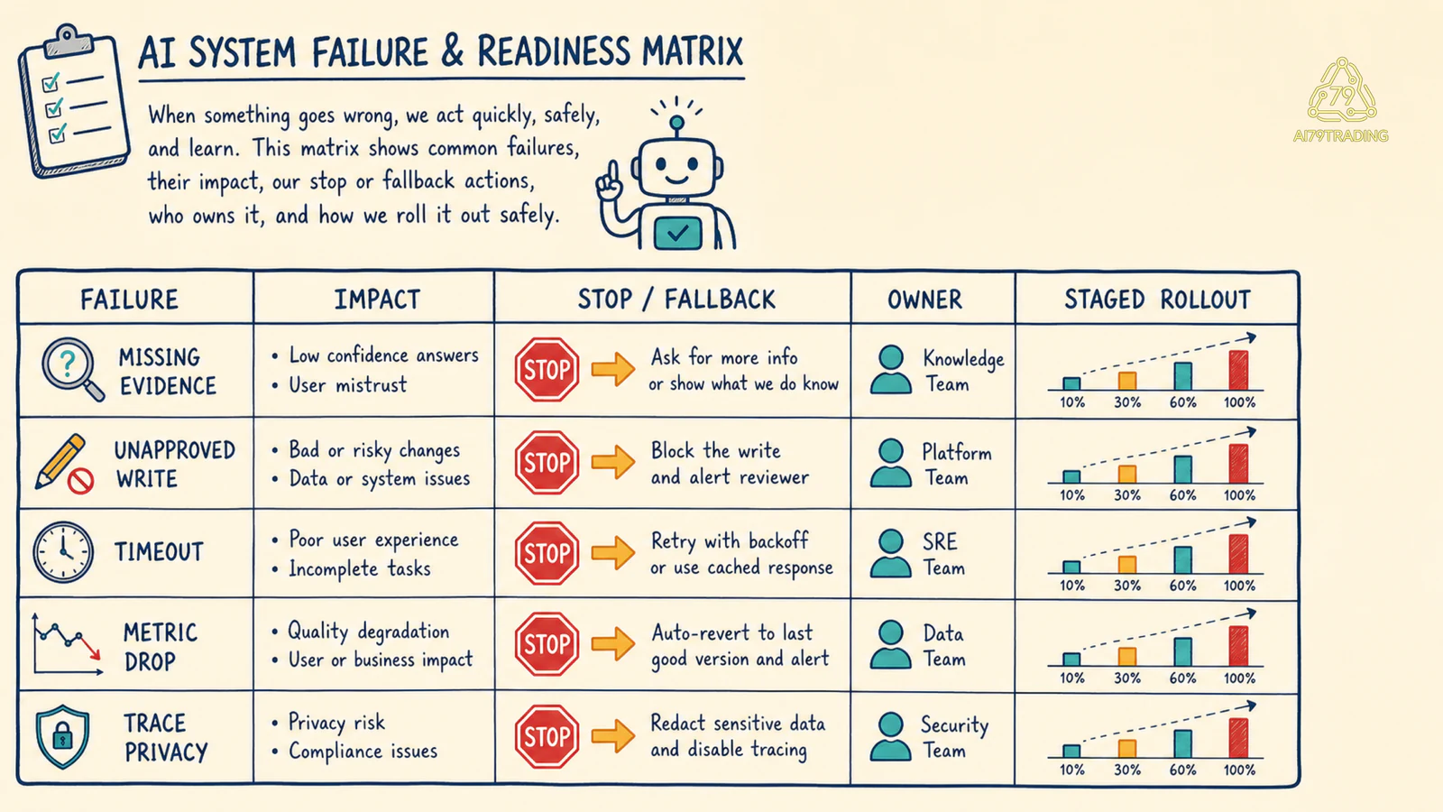 Failure matrix với impact, stop/fallback, owner và staged rollout gate