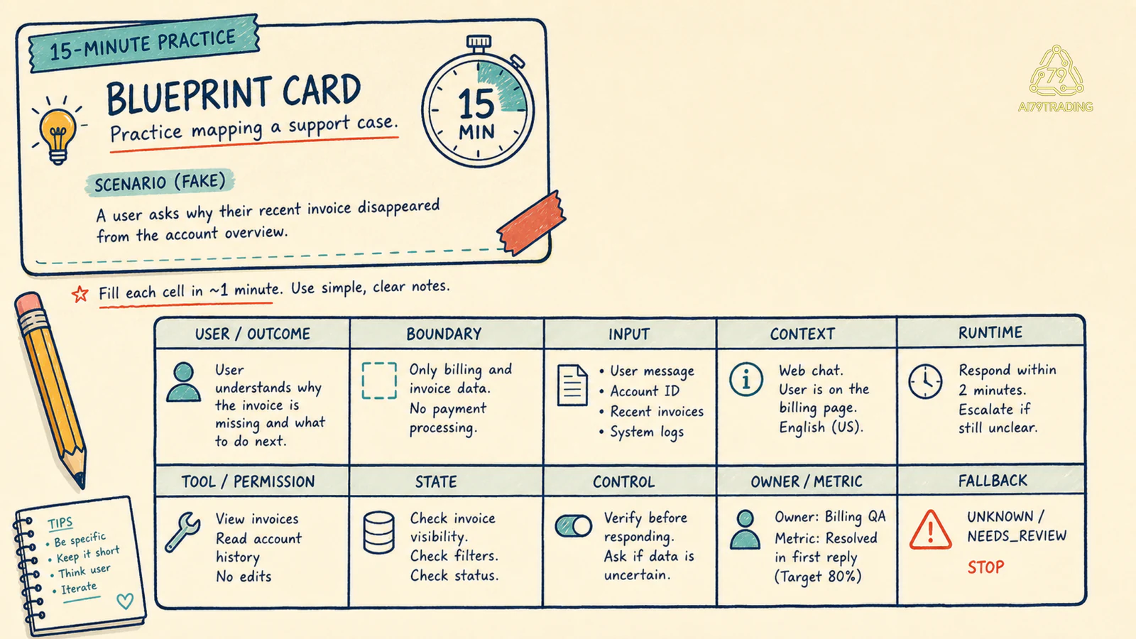 Practice blueprint card với 10 ô thiết kế và mẫu support giả