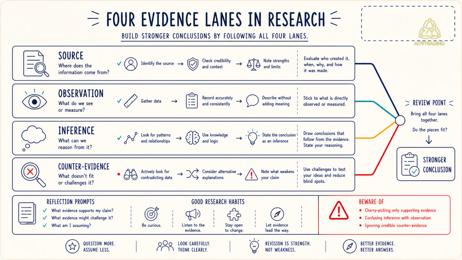 Bốn lane source observation inference và counter-evidence trong research