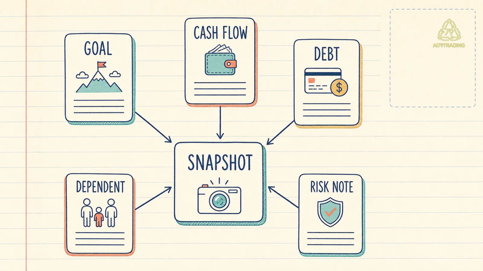 Bản đồ input gồm mục tiêu dòng tiền nợ người phụ thuộc và risk note