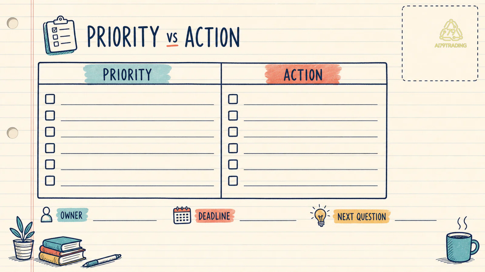 Bảng nối priority với action owner và deadline