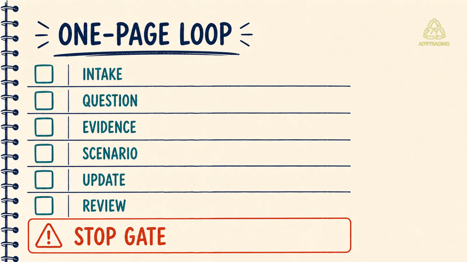 Checklist one-page research loop từ intake đến review date và stop gate