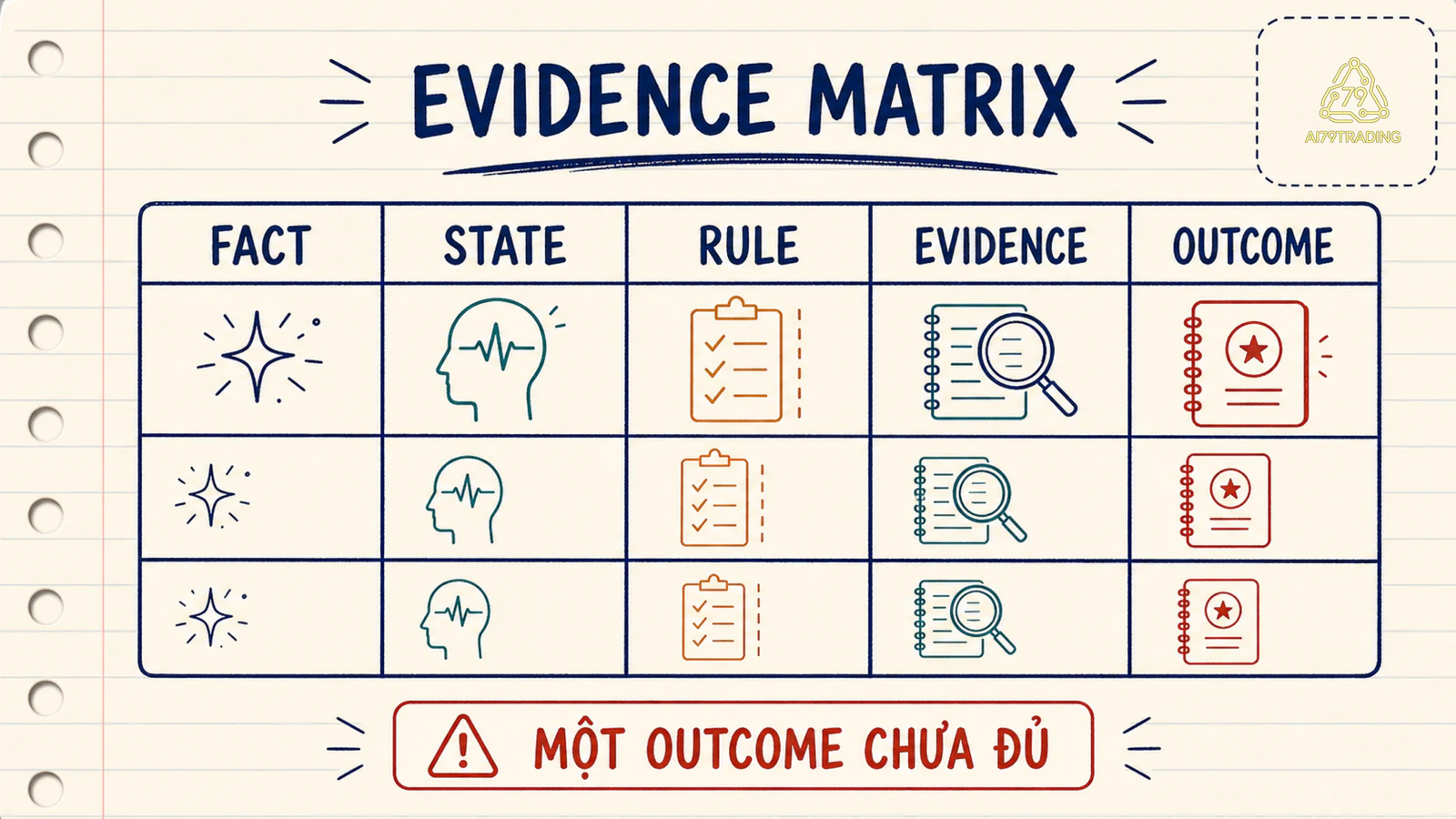 Ma trận evidence tách fact state rule và outcome