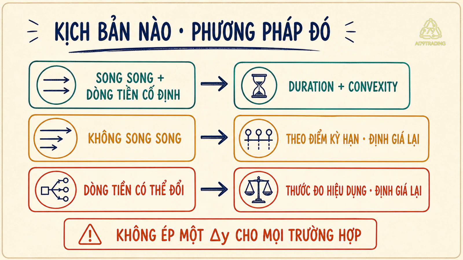 Ba loại kịch bản và phương pháp phù hợp cho dịch chuyển song song, không song song và dòng tiền thay đổi