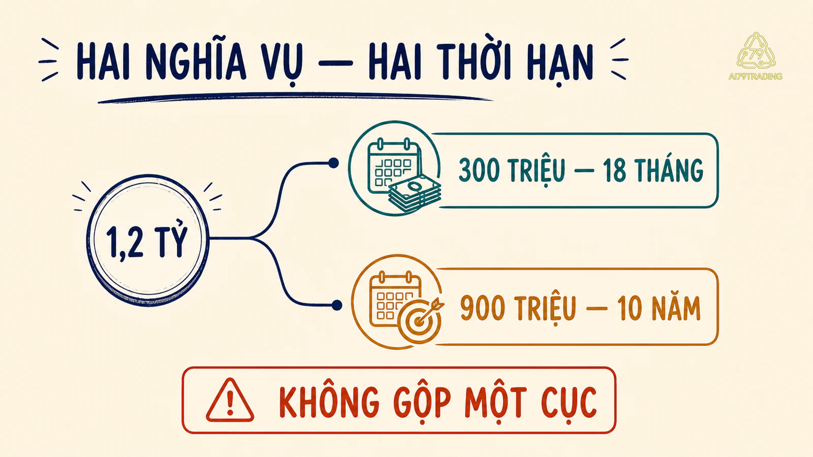 Dòng thời gian tách 1,2 tỷ thành 300 triệu sau 18 tháng và 900 triệu sau 10 năm