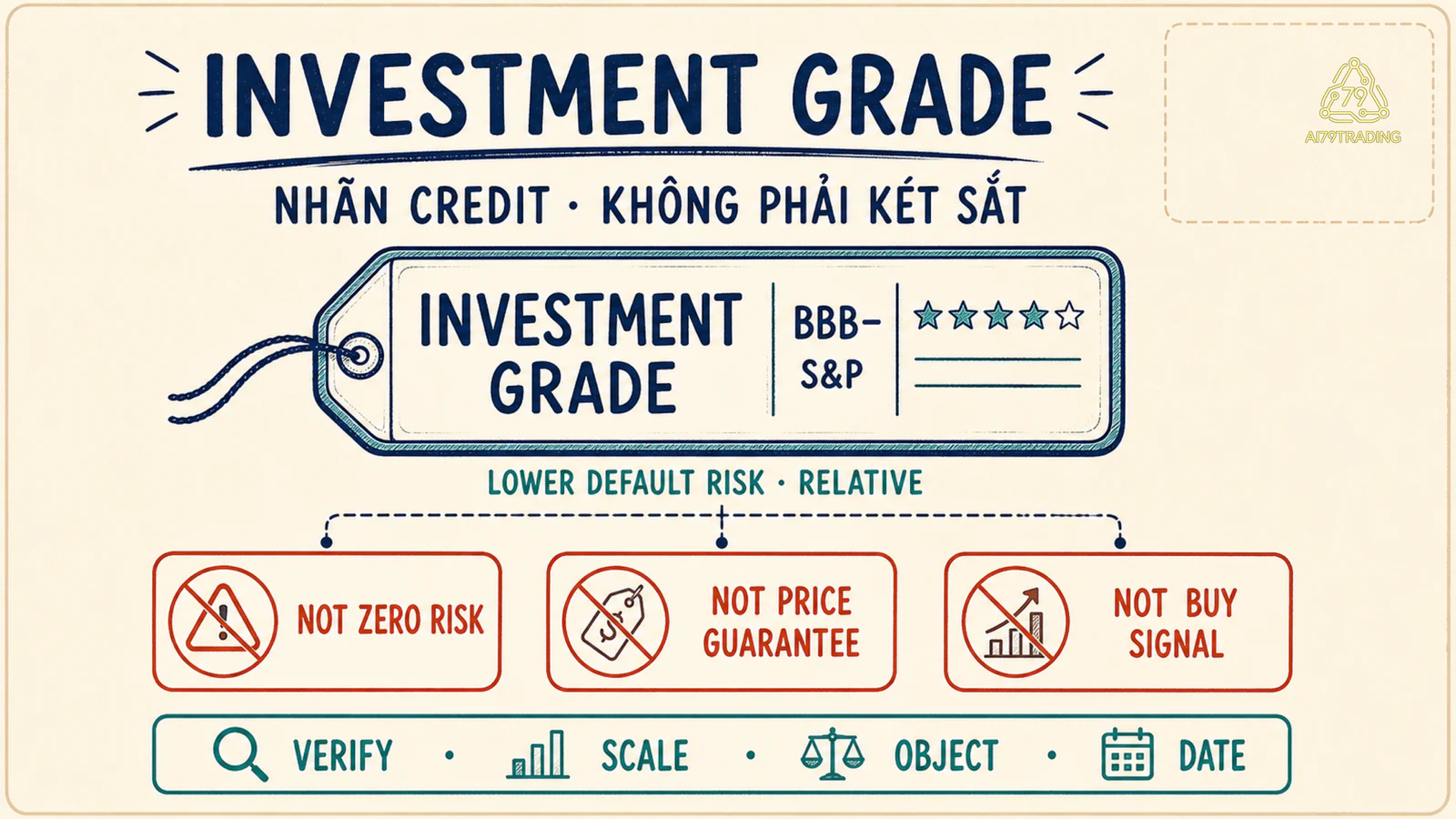 Nhãn Investment Grade cạnh ba cảnh báo rằng IG không xóa rủi ro, không bảo đảm giá và không phải tín hiệu mua