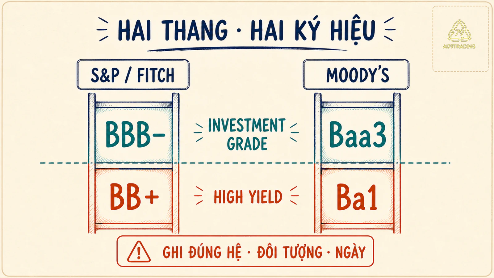 Hai thang xếp hạng tách riêng BBB trừ với BB cộng và Baa3 với Ba1, phần Investment Grade nằm trên ranh giới