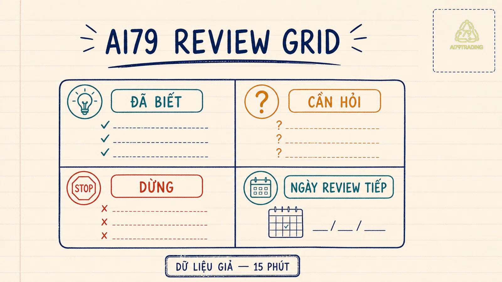 Lưới bài tập review 15 phút với cột đã biết cần hỏi và dừng