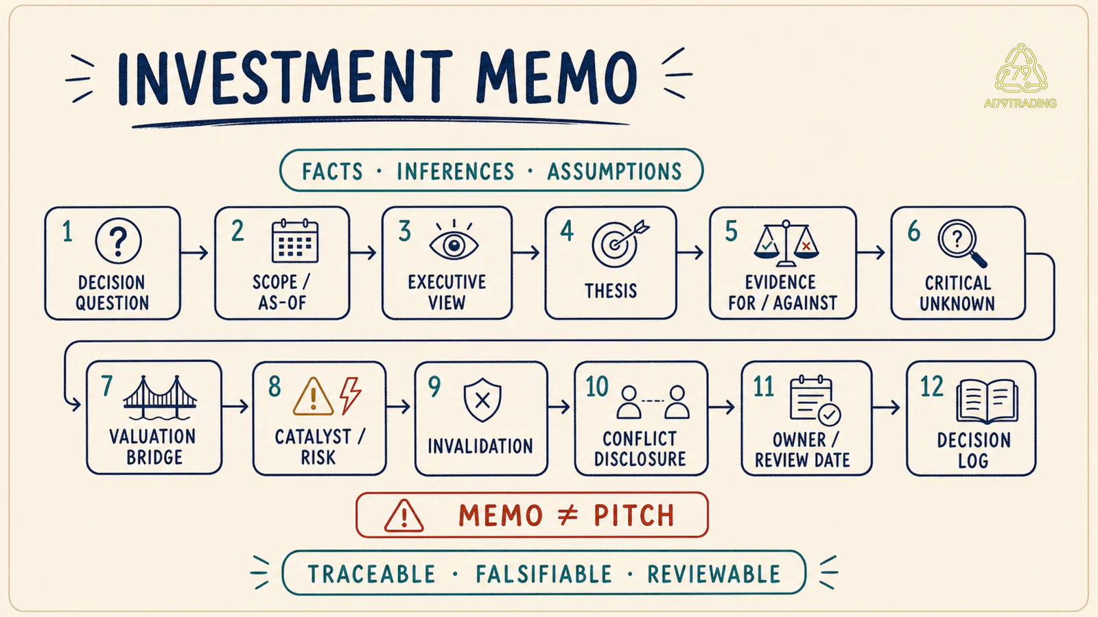 Quy trình Investment Memo từ decision question, cutoff và thesis tới evidence, valuation bridge, invalidation và decision log