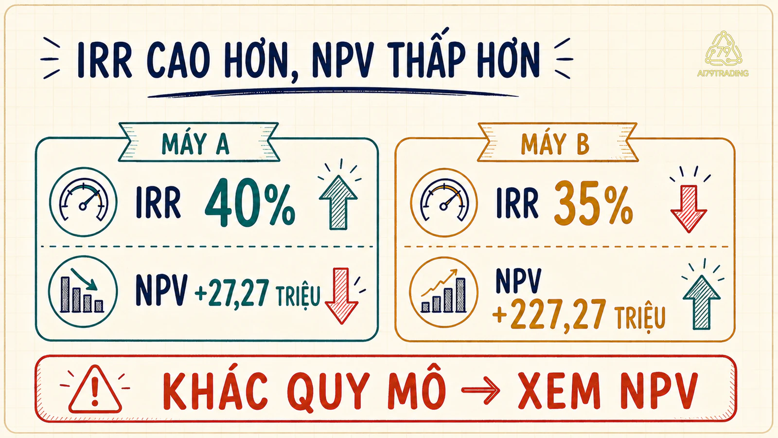 Hai thẻ Máy A IRR 40% NPV 27,27 triệu và Máy B IRR 35% NPV 227,27 triệu