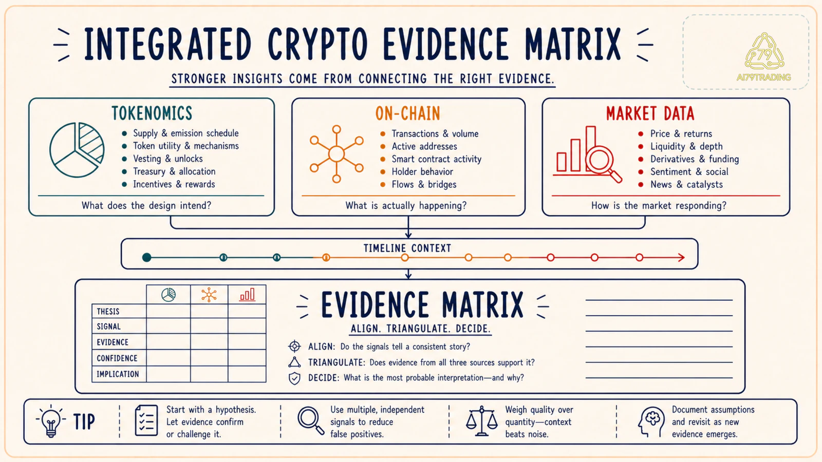 Evidence matrix kết nối tokenomics on-chain và market data theo timeline