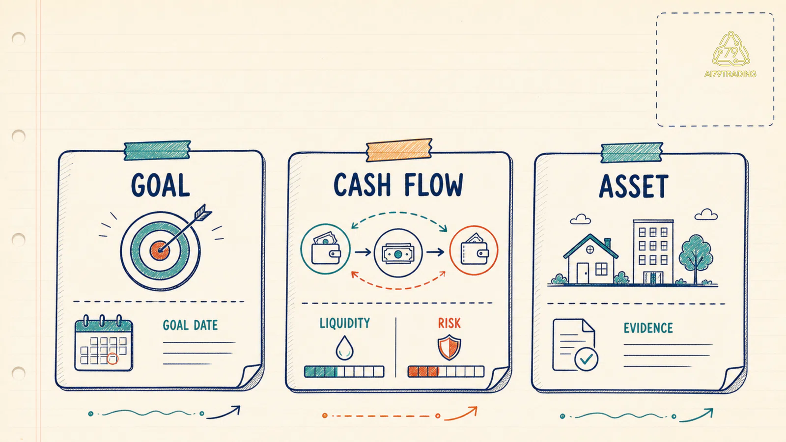 Ba thẻ goal cash flow và asset với thời hạn thanh khoản rủi ro
