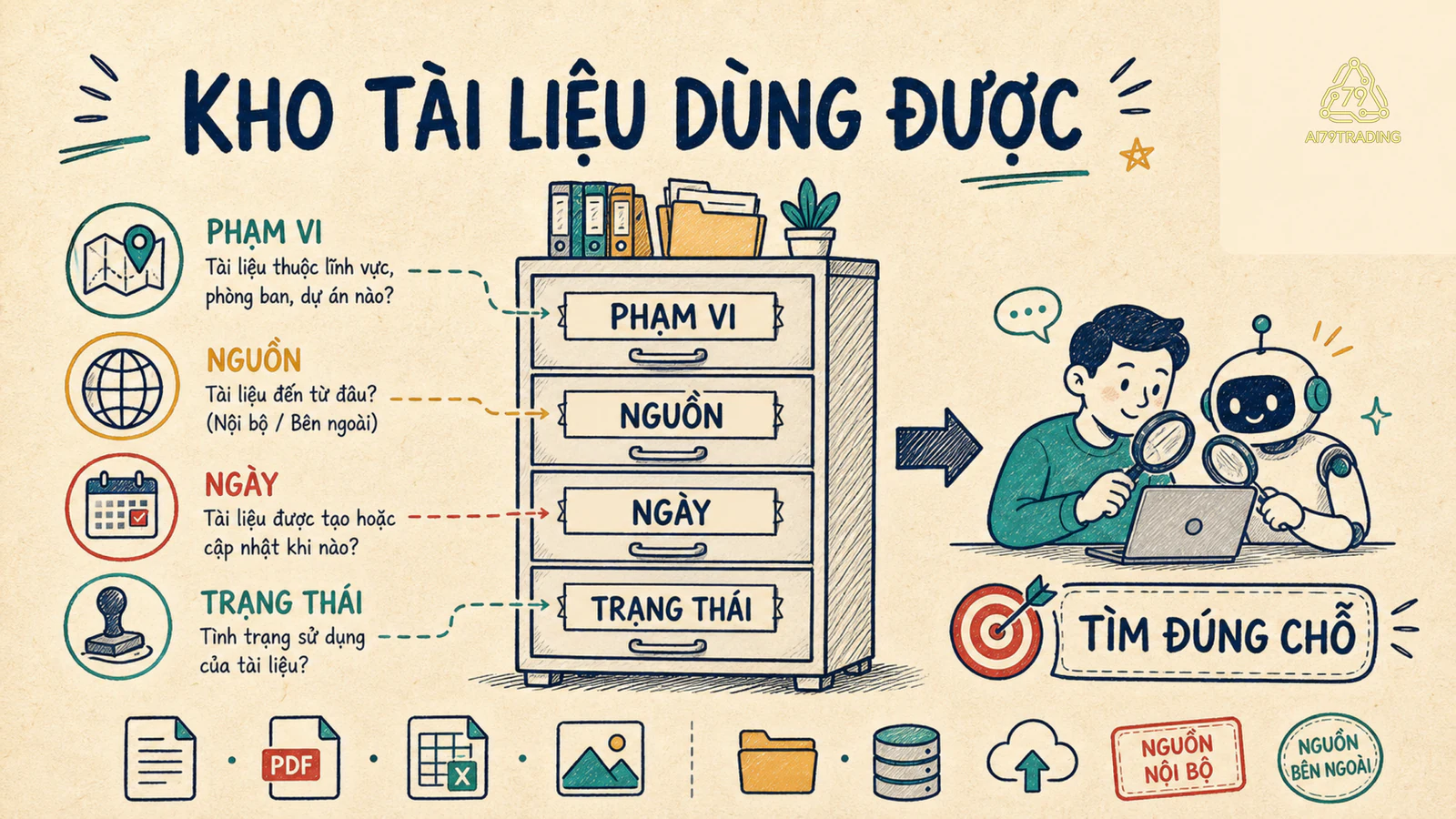 Tủ knowledge base có nhãn phạm vi, nguồn, ngày và trạng thái trước khi người hoặc AI tìm tài liệu.