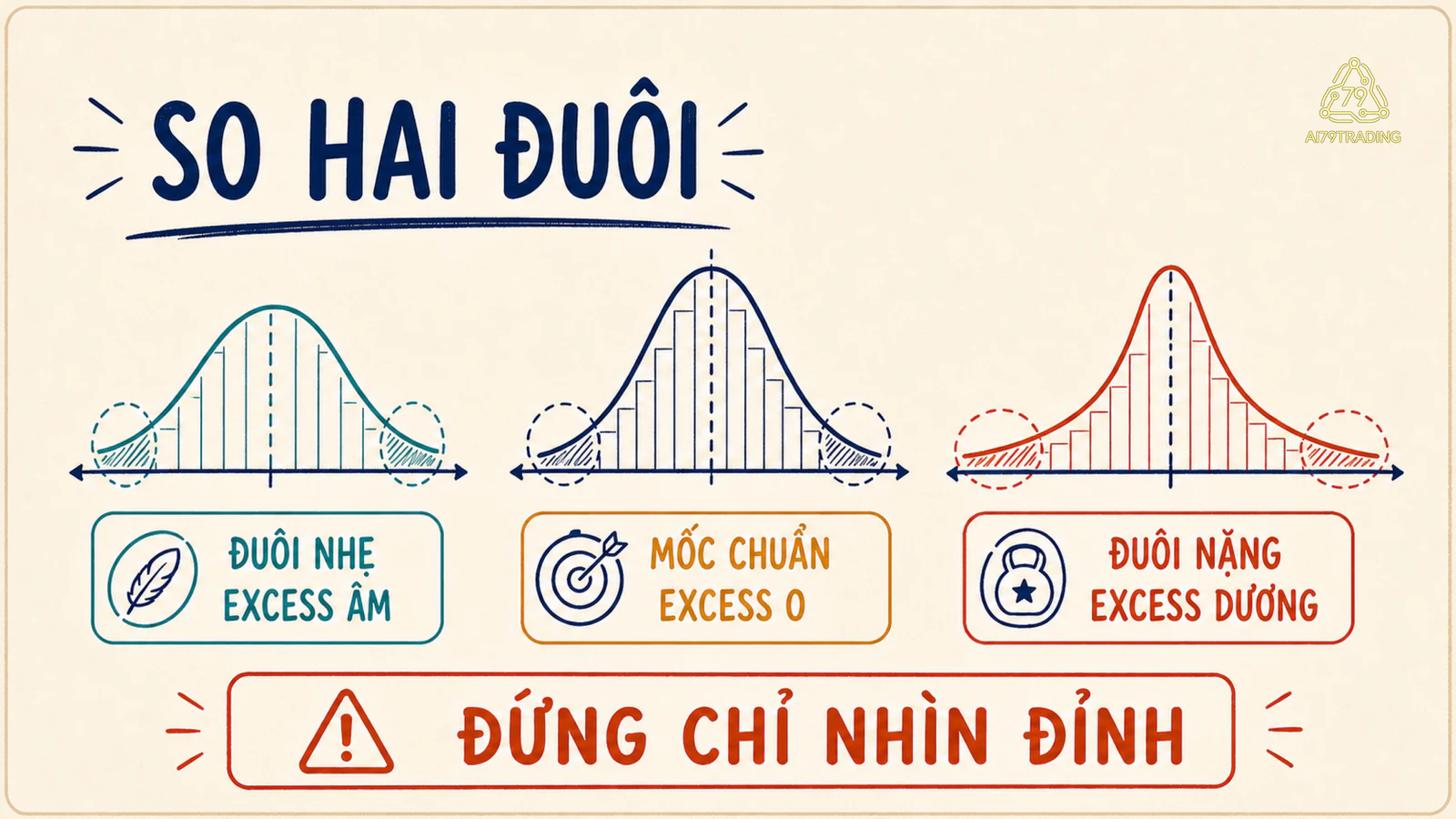 Ba phân phối so sánh đuôi nhẹ mốc chuẩn và đuôi nặng theo excess kurtosis