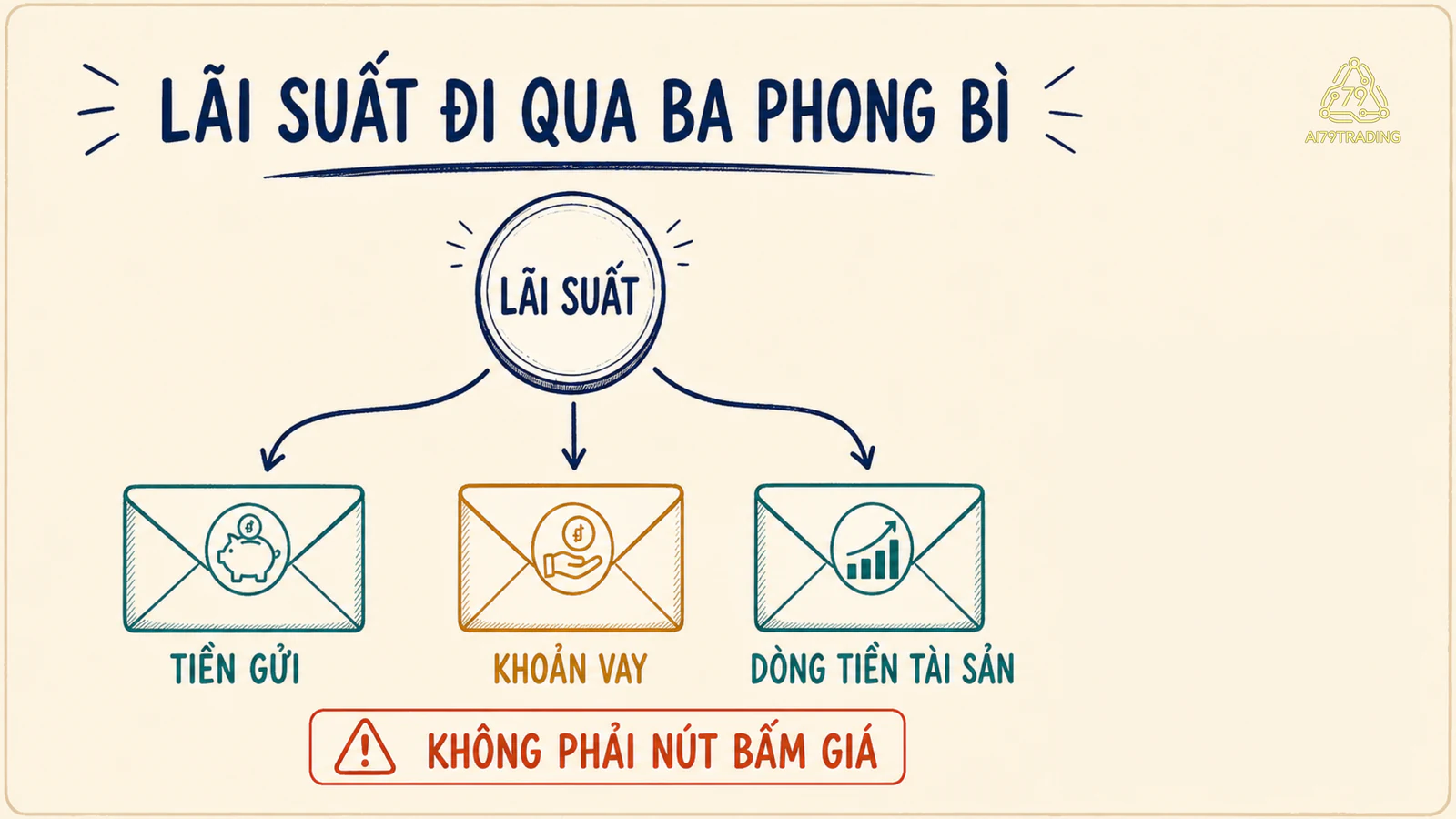 Ba phong bì Tiền gửi, Khoản vay và Dòng tiền tài sản nối với nhãn Lãi suất ở giữa
