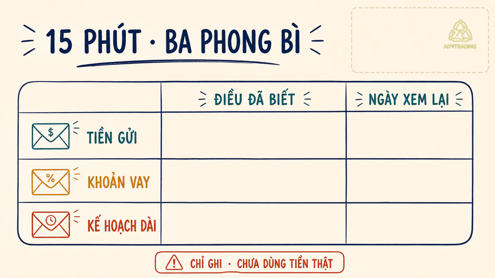 Phiếu ba phong bì với cột điều đã biết và ngày xem lại