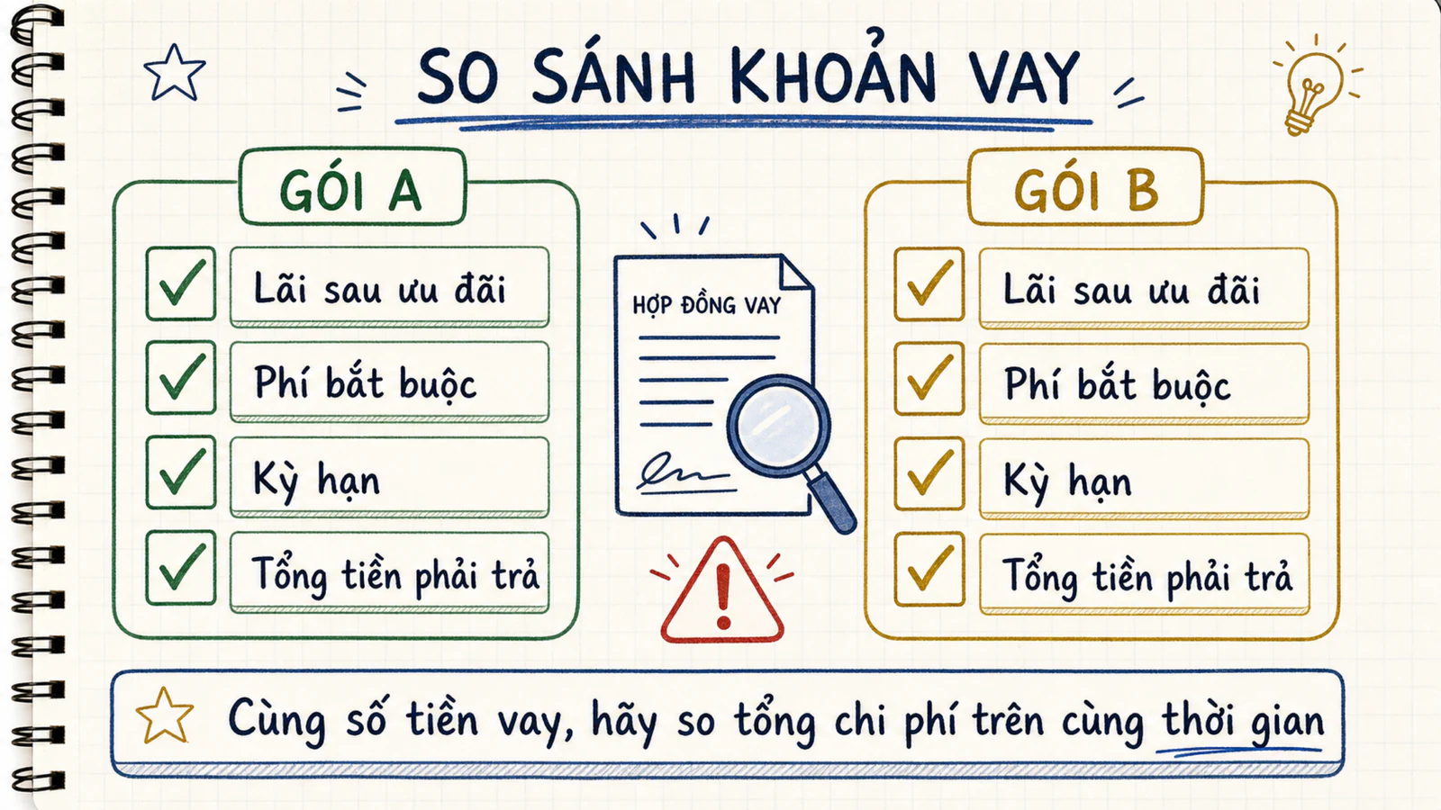 Hai bảng kiểm Gói A và Gói B gồm lãi sau ưu đãi, phí, kỳ hạn và tổng tiền phải trả