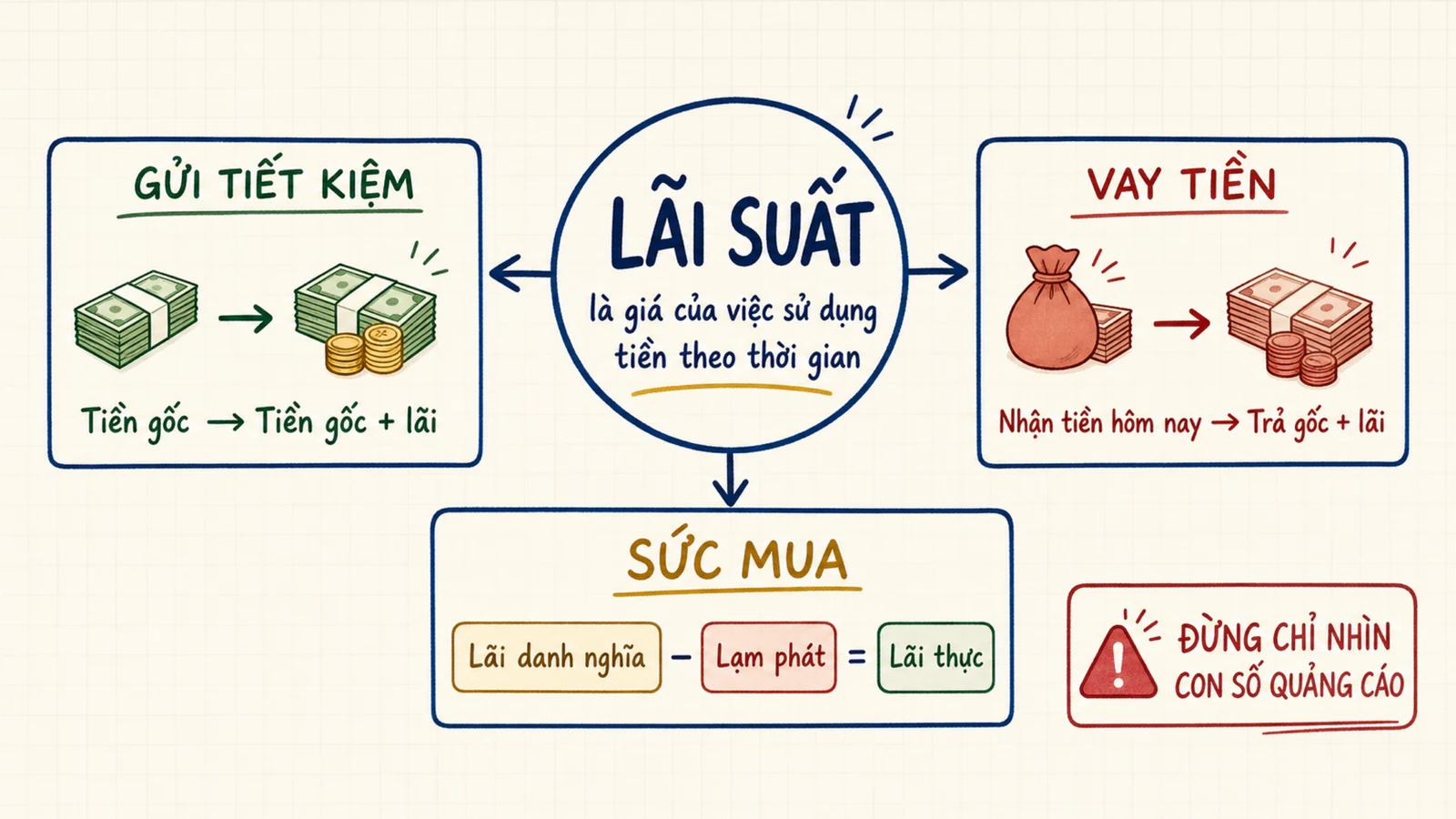 Sơ đồ lãi suất nối tiền gửi, khoản vay và sức mua thực của tiền