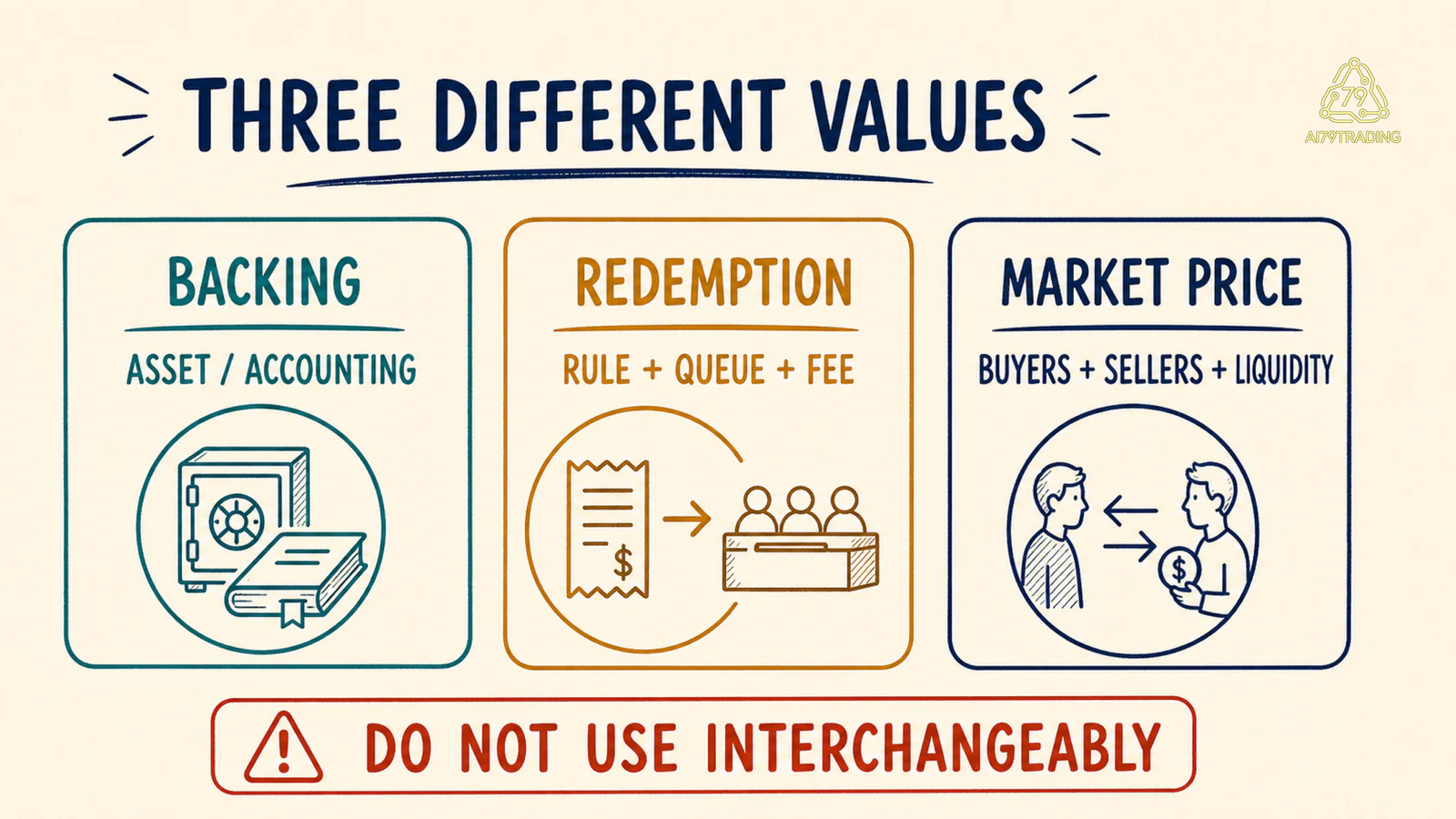 Ba thẻ riêng cho backing, redemption và market price với điều kiện kiểm tra