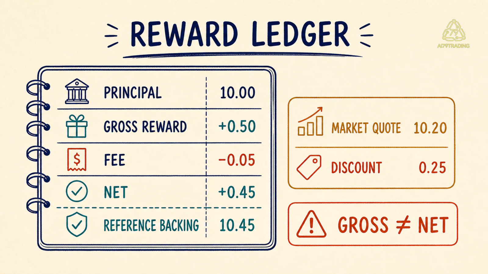 Sổ reward với principal mười, gross không phẩy năm mươi, fee không phẩy không năm, backing mười phẩy bốn năm và market mười phẩy hai mươi