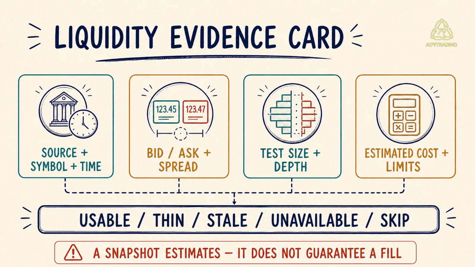 Liquidity Evidence Card kiểm nguồn và thời gian, spread, test size với depth, cùng chi phí ước tính