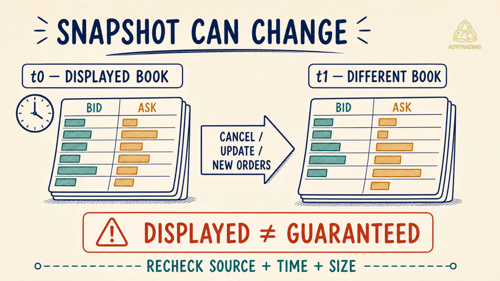Order book tại t0 có thể bị hủy hoặc cập nhật thành snapshot khác tại t1