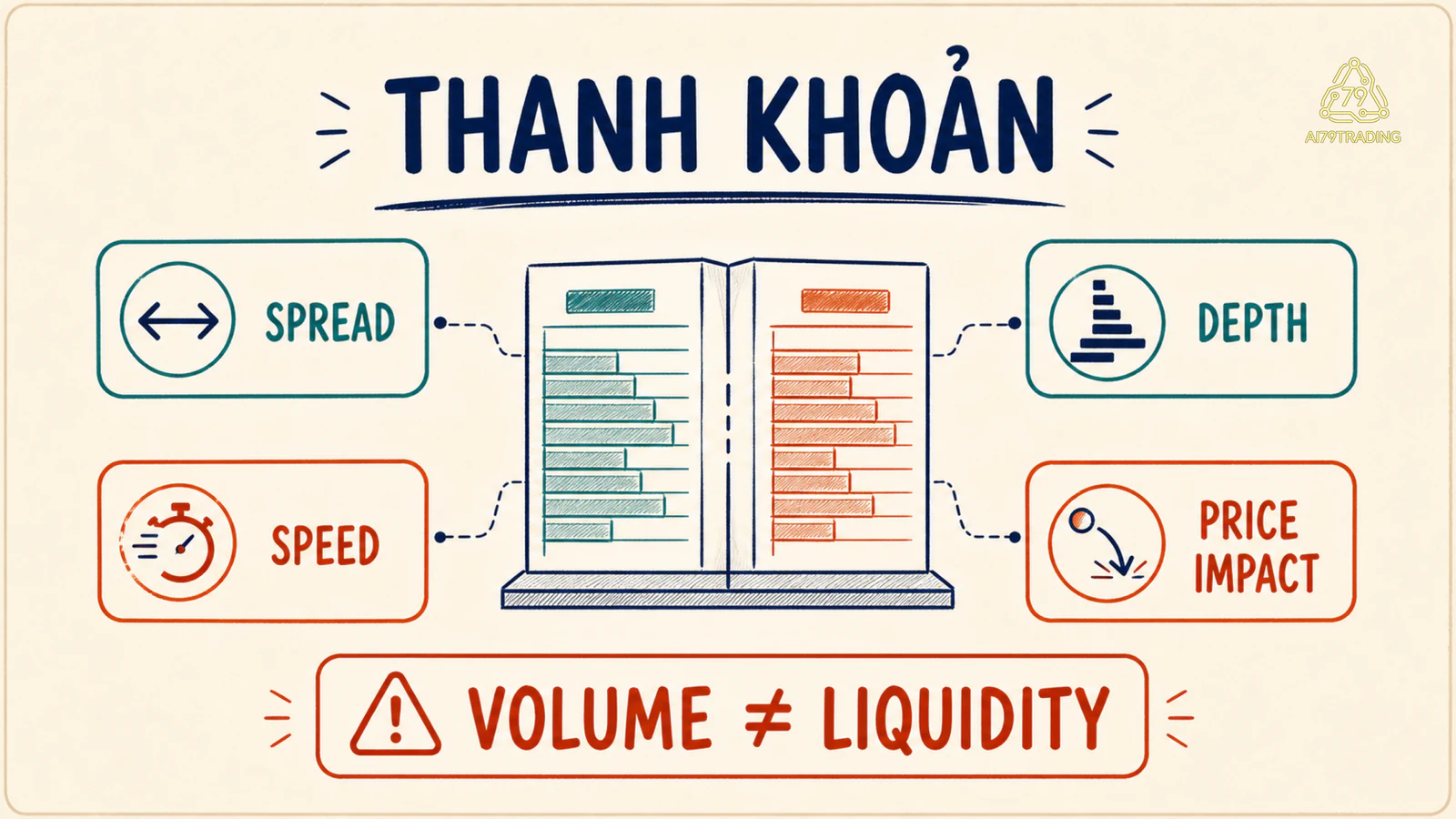 Bốn mặt của thanh khoản gồm spread, depth, speed và price impact quanh một order book