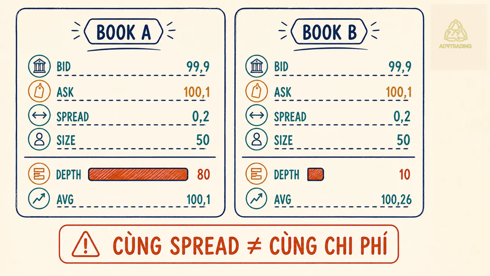 Hai order book cùng spread 0,2 nhưng depth và giá khớp size 50 khác nhau