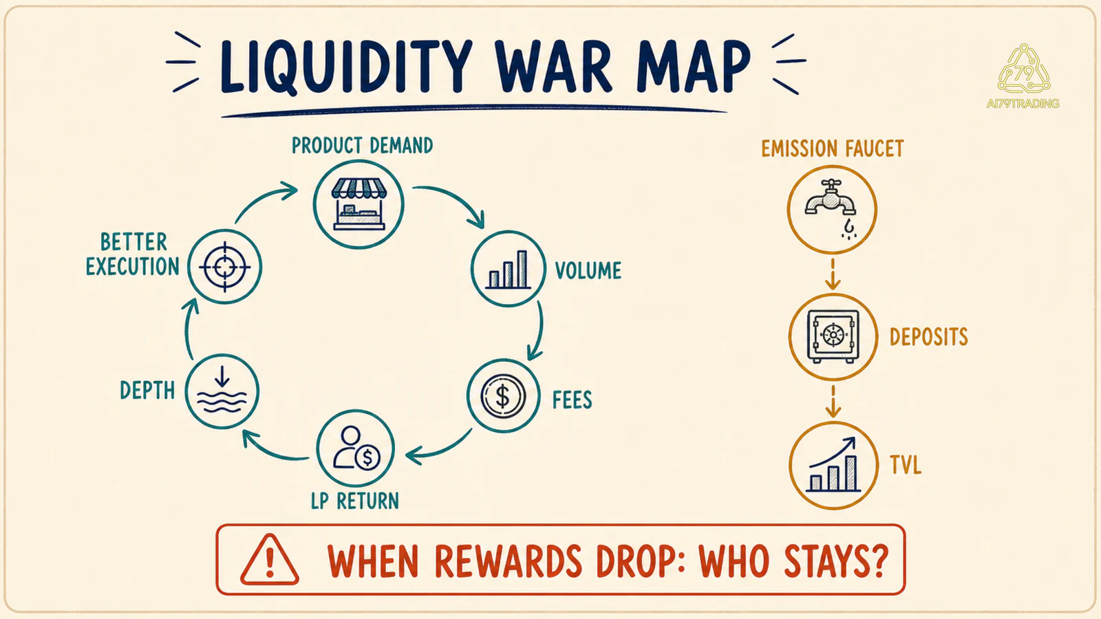Sơ đồ liquidity war tách vòng quay nhu cầu và phí khỏi vòi trợ cấp emissions kéo TVL