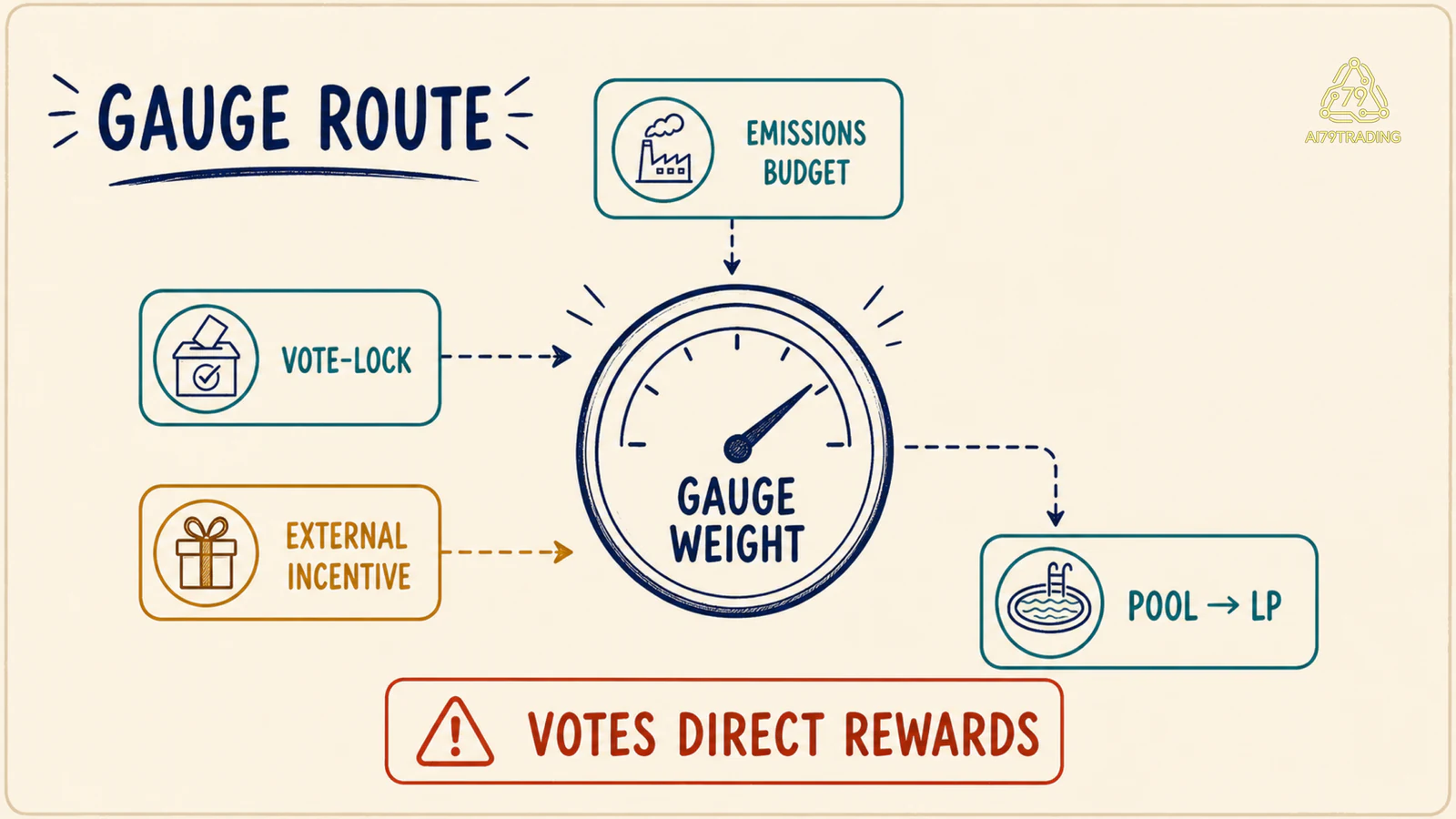 Sơ đồ ngân sách emissions đi qua gauge weight tới pool và LP, với vote-lock cùng khuyến khích biểu quyết