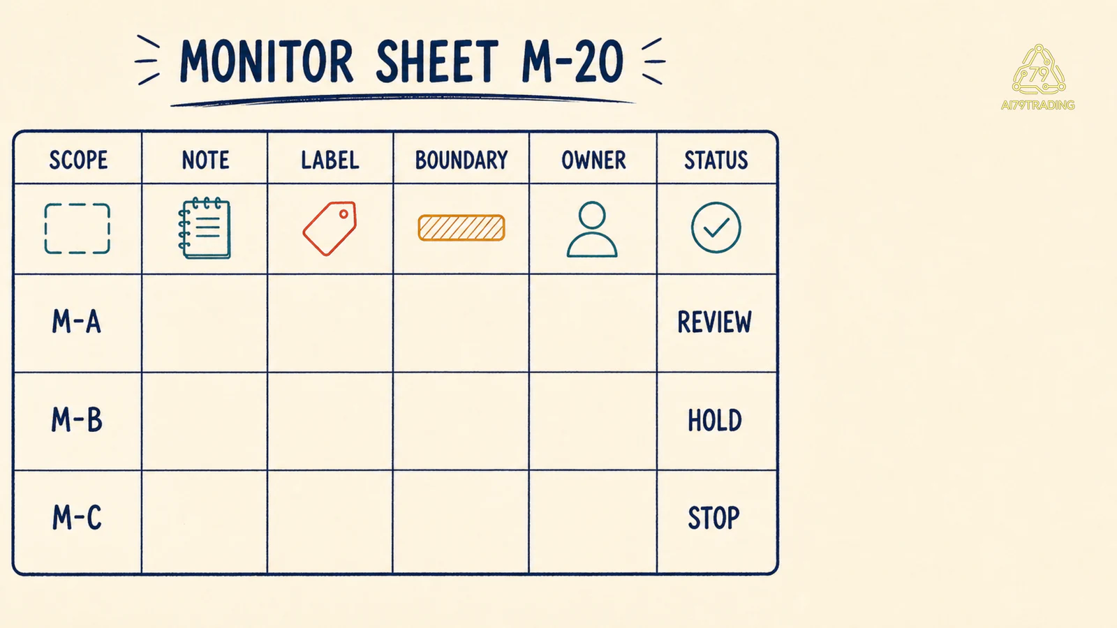 Worksheet Monitor Sheet M-20 ba hàng mock có scope, observed note, evidence label, boundary, owner và review status