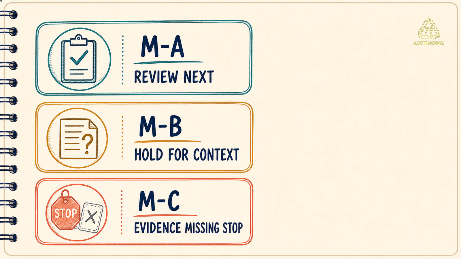 Ba observation card M-A, M-B và M-C có status review next, hold for context và evidence missing stop riêng