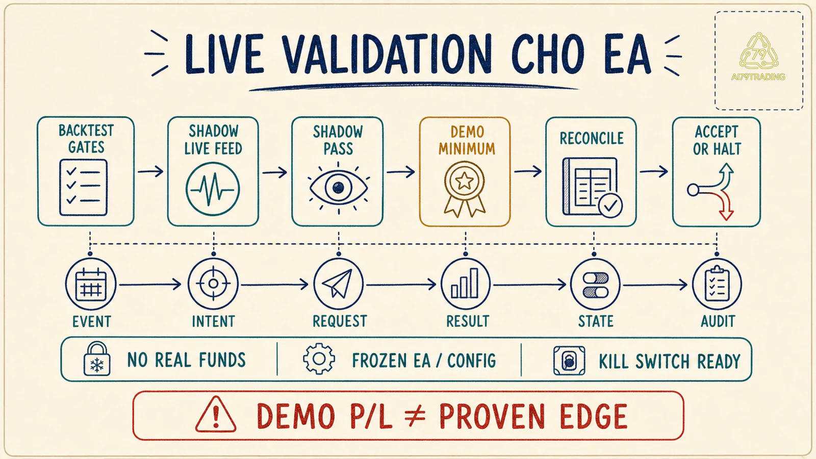 Sơ đồ Live Validation từ shadow tới demo và accept hoặc halt
