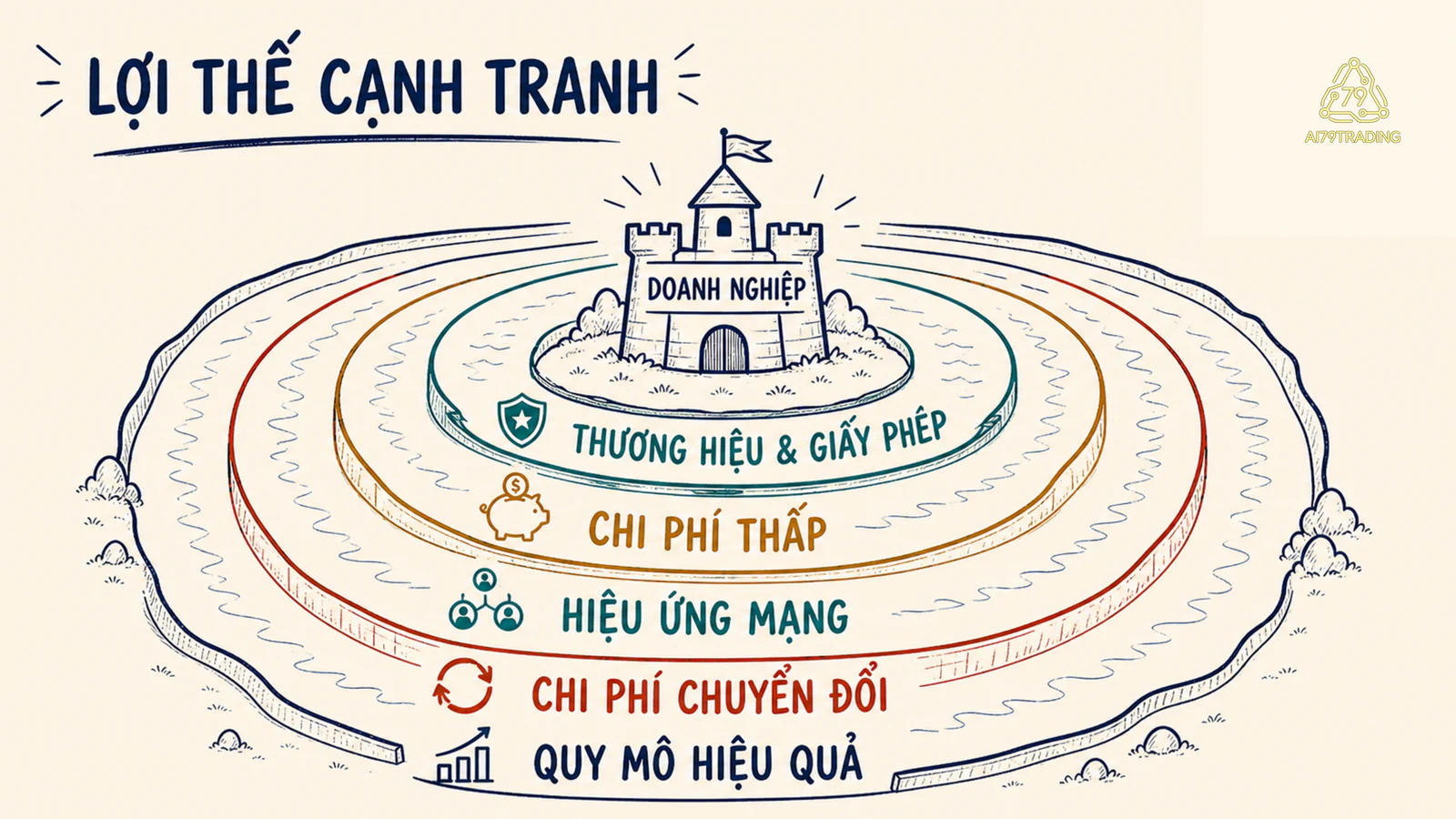 Lâu đài doanh nghiệp với năm lớp hào đại diện cho năm nguồn lợi thế cạnh tranh