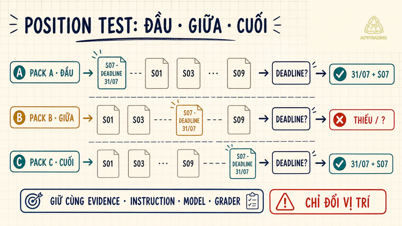 Position test đặt cùng bằng chứng ở đầu, giữa và cuối long context để đo khả năng sử dụng