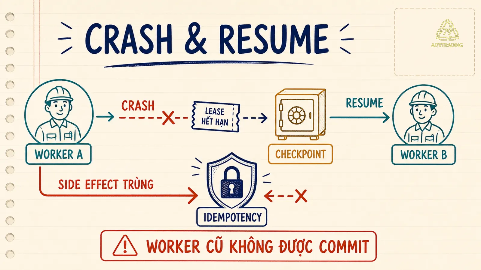 Worker A crash, lease hết hạn và Worker B resume trong khi thao tác trùng bị chặn