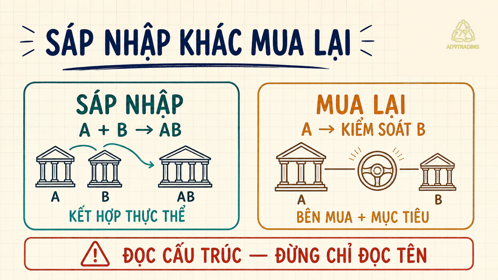 Hai công ty được minh hoạ theo đường sáp nhập và đường một bên mua công ty mục tiêu