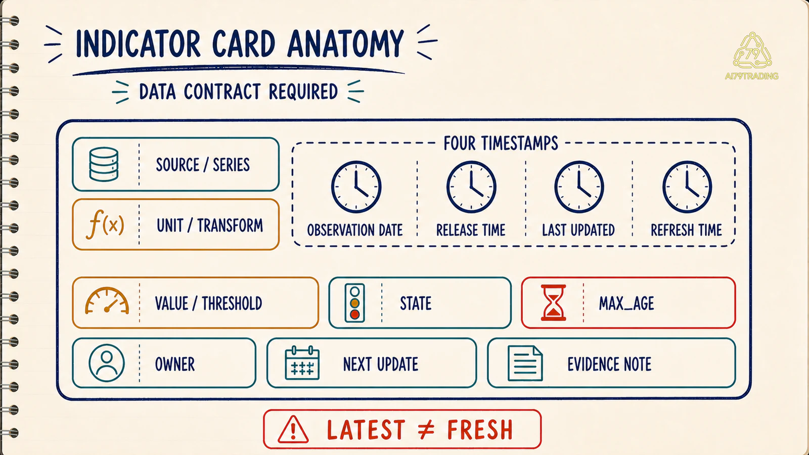 Anatomy của Indicator Card gồm source, transform, bốn timestamp, threshold, state, owner và next update