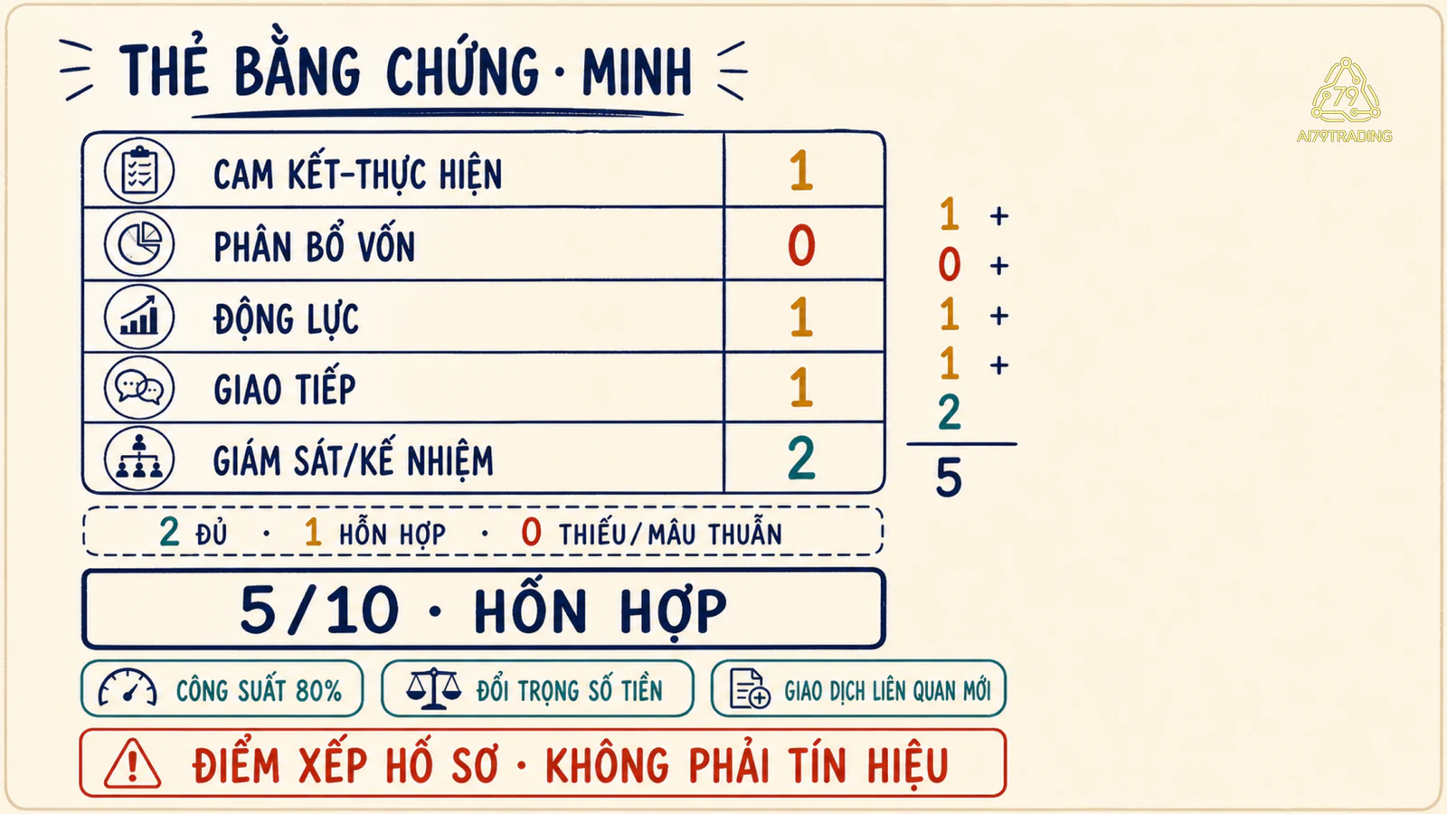 Thẻ bằng chứng lãnh đạo Minh gồm năm hàng, tổng 5 trên 10 và kết luận hỗn hợp
