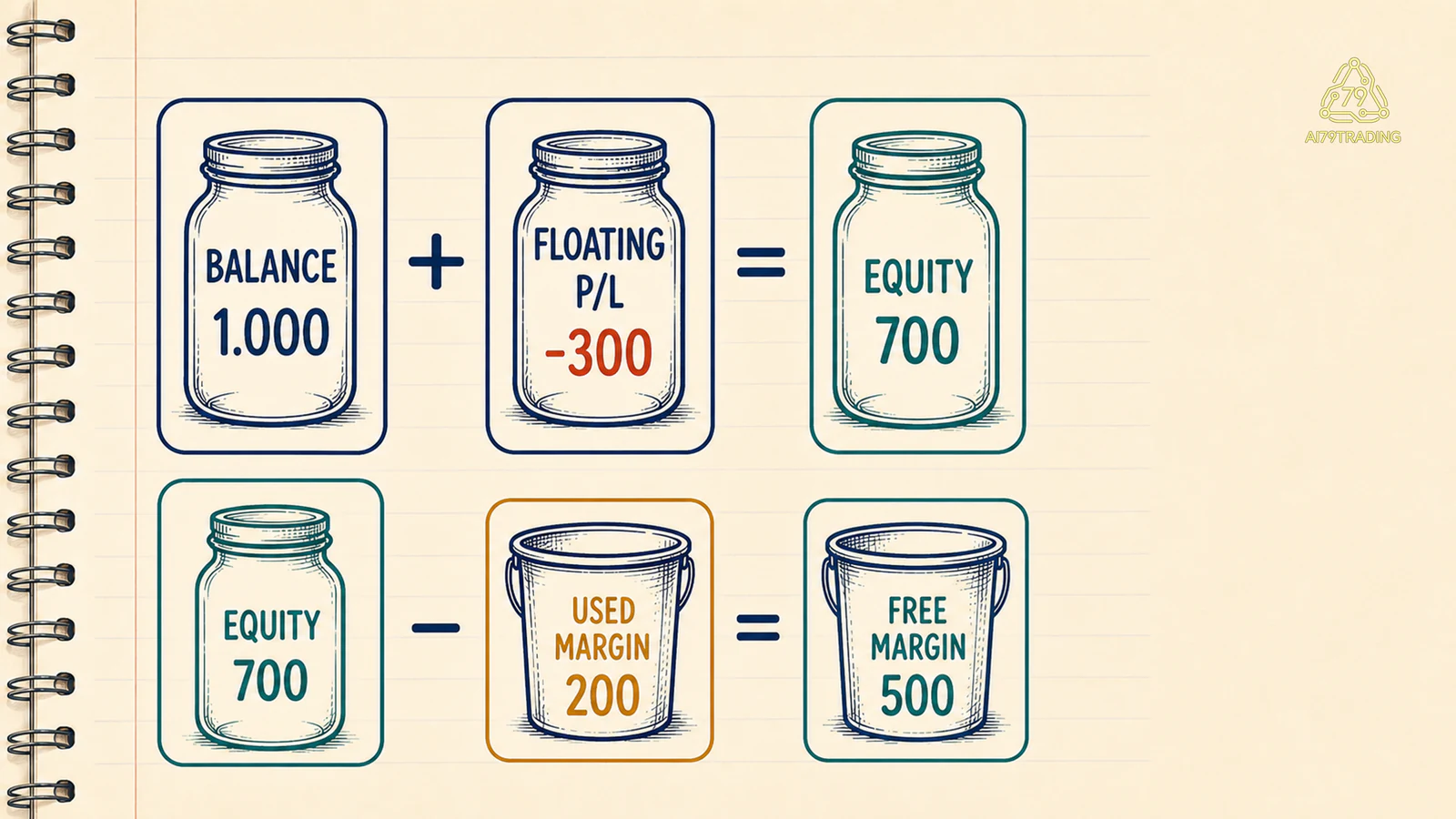 Năm khối balance 1.000, floating P L âm 300, equity 700, used margin 200 và free margin 500