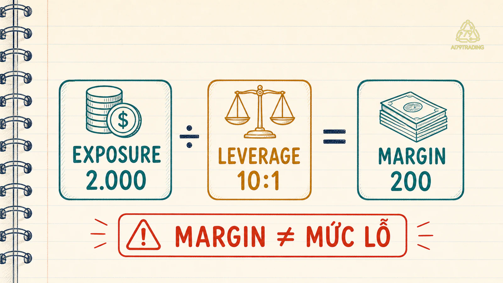 Phép chia exposure 2.000 cho leverage 10 trên 1 tạo margin minh họa 200