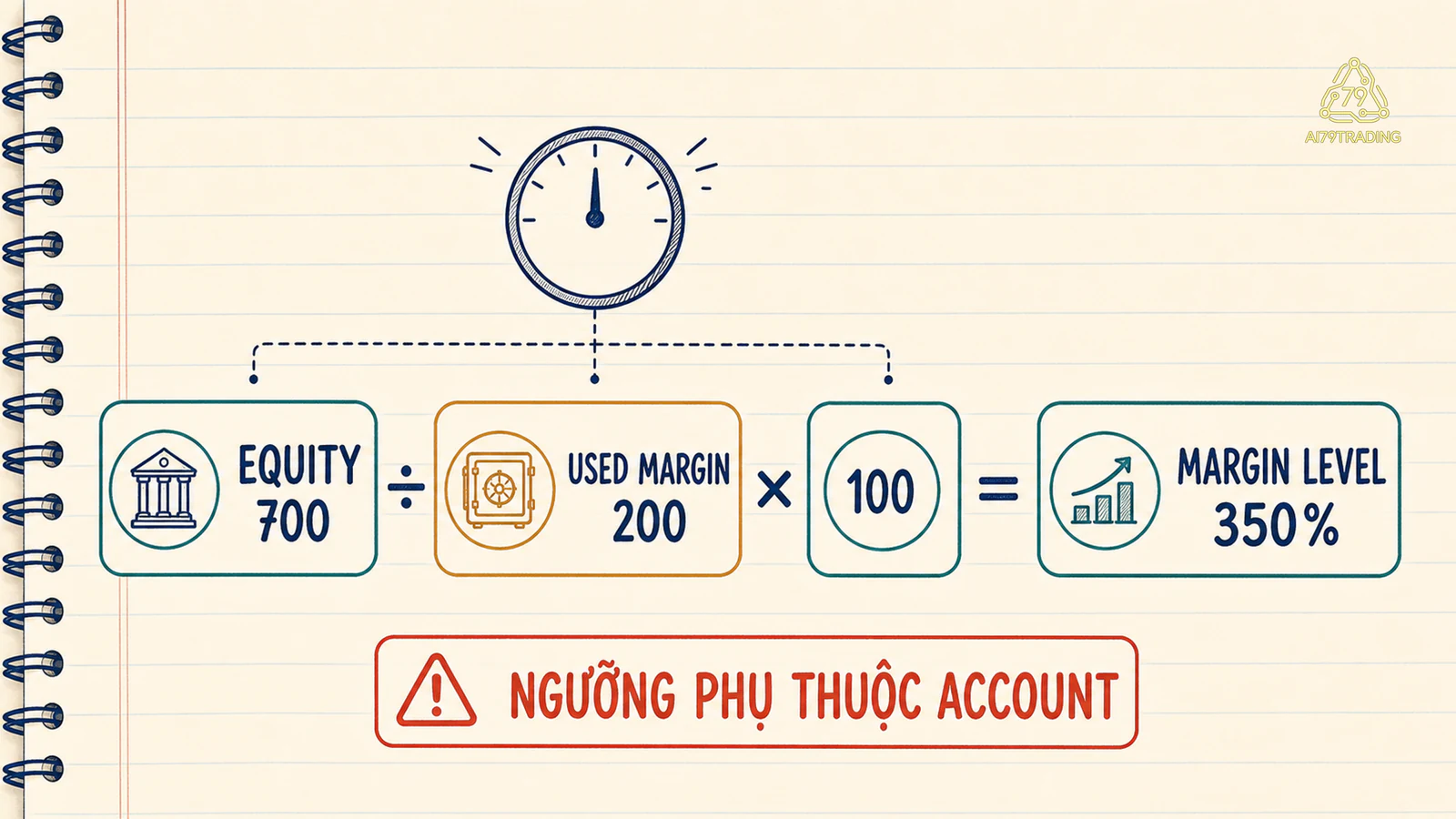 Phép tính equity 700 chia used margin 200 nhân 100 tạo margin level 350 phần trăm