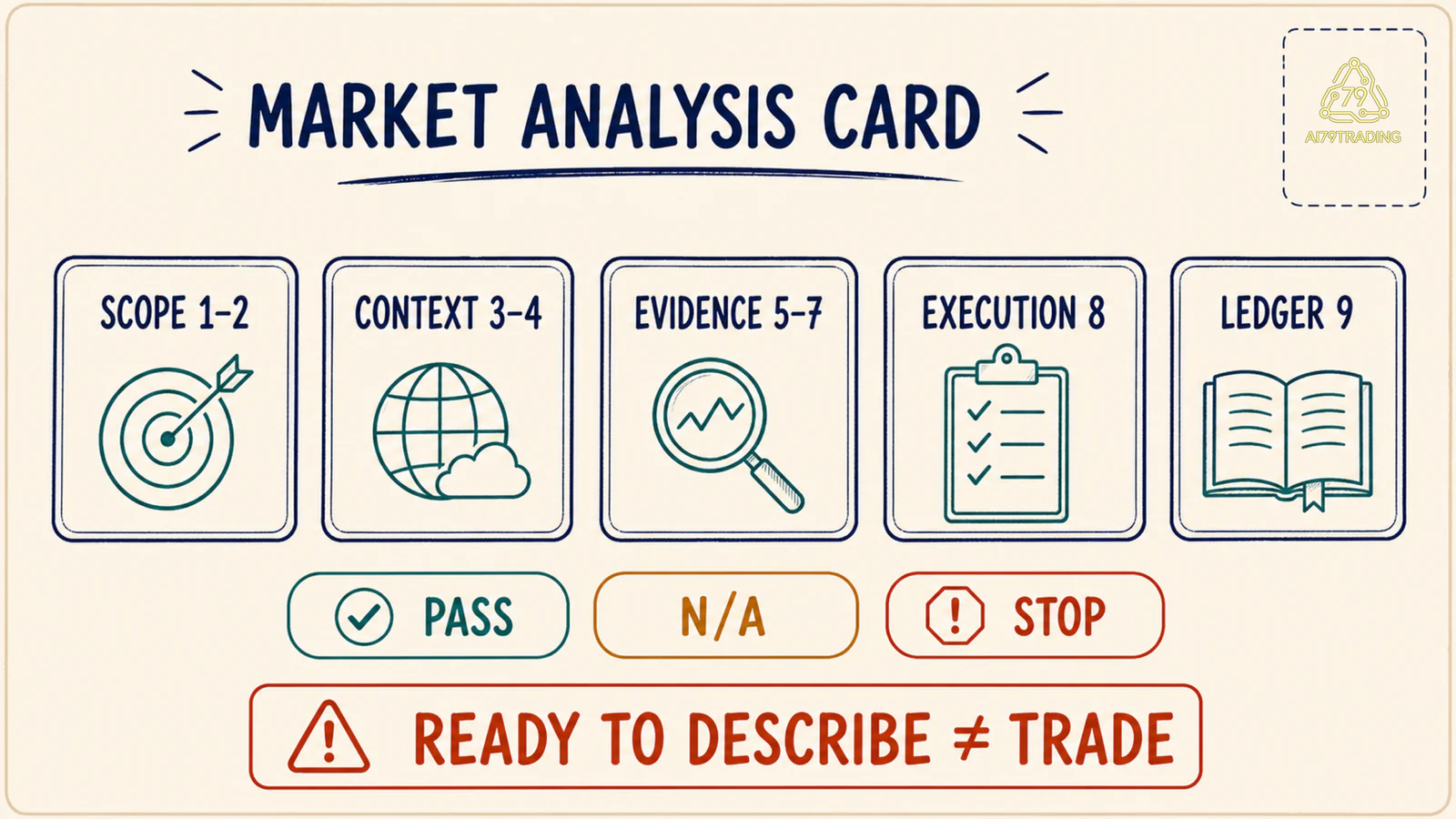 Market Analysis Card nhóm chín gate và ba trạng thái pass, N/A, stop